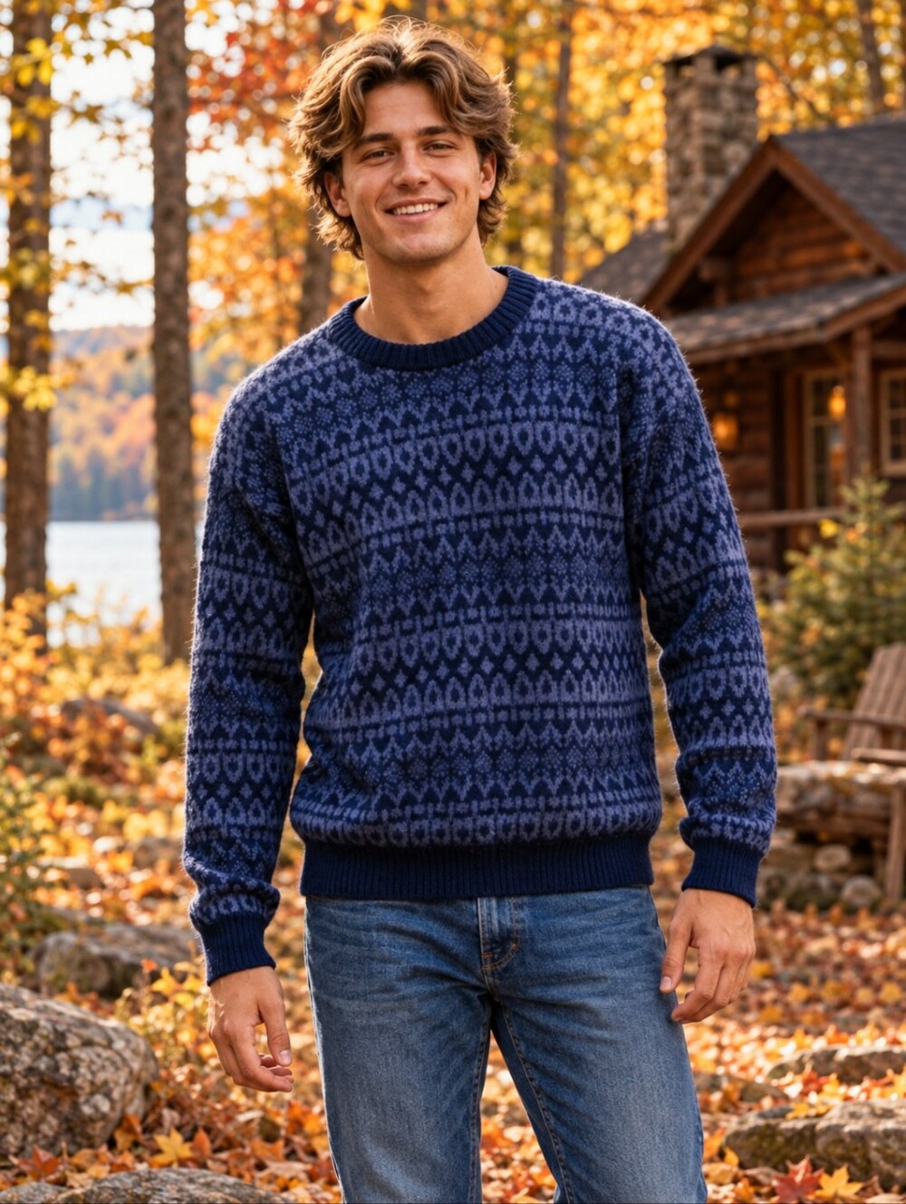 vtg 90s Peruvian Connection Pure Alpaca Blue Jacquard Pattern Crewneck Sweater